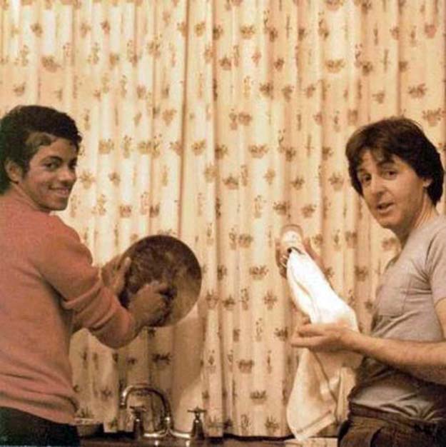 Michael Jackson and Paul Mccartney doing dishes.