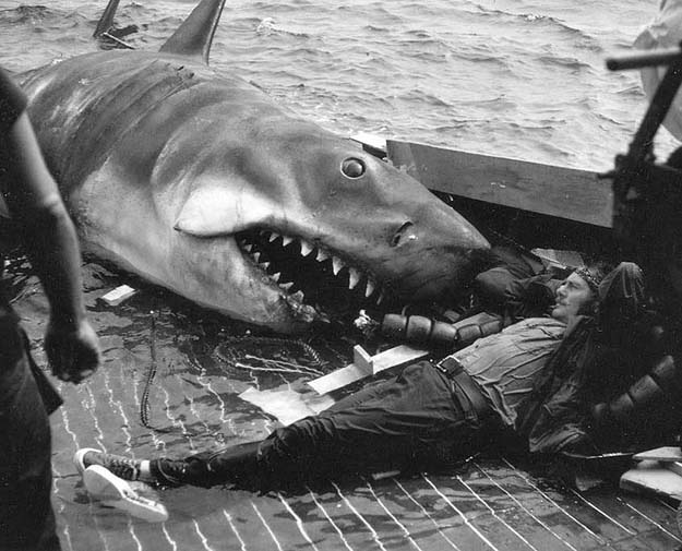 Robert Shaw chilling with robotic shark in JAWS.