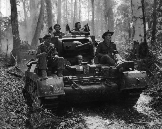 A Matilda tank of the Australian 2/4th Armored Regiment on the Buin Road, Bougainville, 1945.
