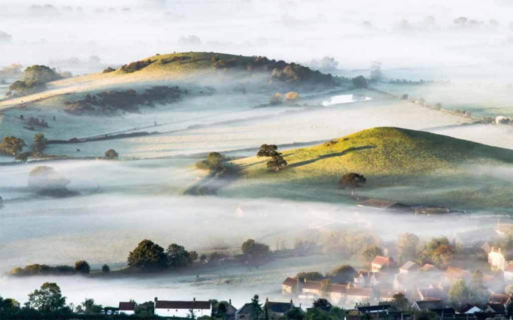 Mist over countryside in Southwest England.