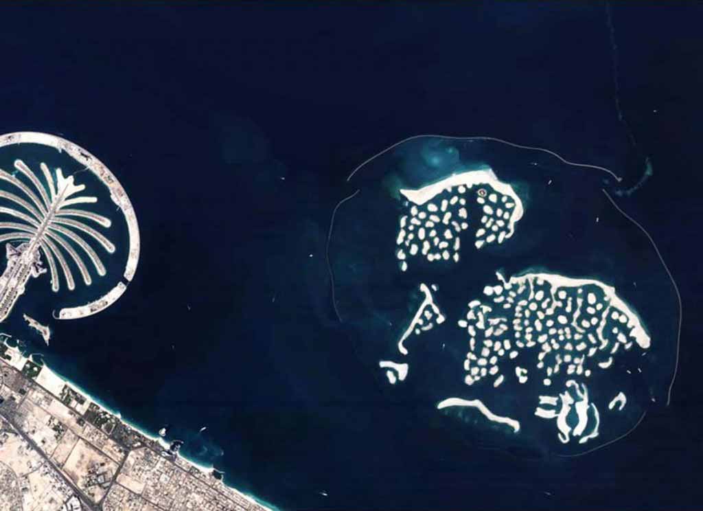 Two manmade islands ‘Palm Jumeirah (left) and The World’ located just off the coast of Dubai in the United Arab Emirates.