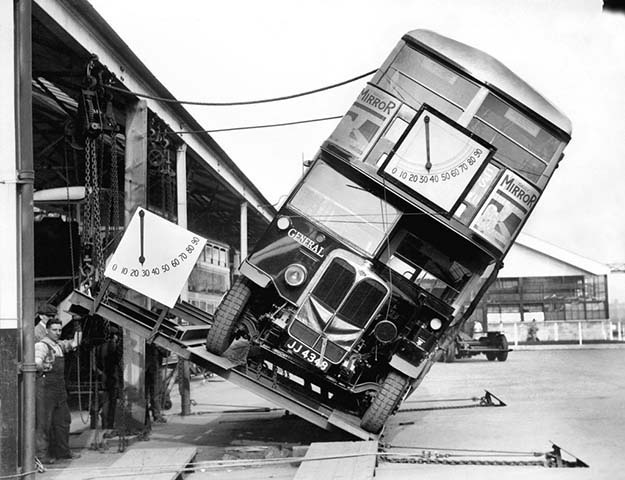 This is how they prove London’s Double-decker buses are not a tipping hazard. (1933)