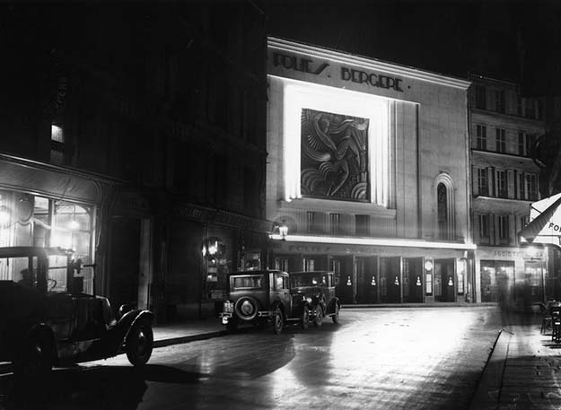 Les Folies Bergère, the theater where Josephine Baker performed, at night in 1929.