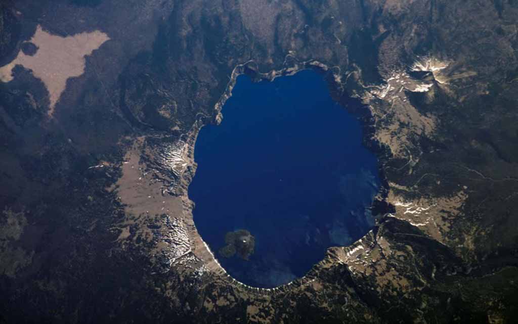 Crater Lake, Oregon is featured in this image photographed by the International Space Station.