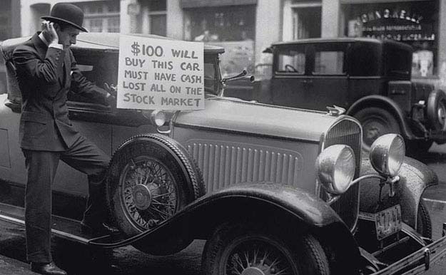 A man trying to sell his car after losing all in the Great Crash of 1929