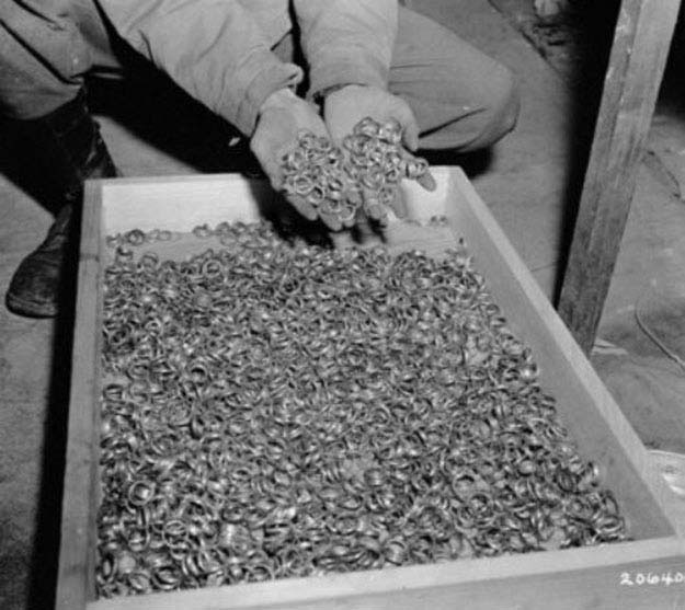 Wedding rings from WW II concentration camps. Each pair of rings represents a family, a marriage, a couple. 1945