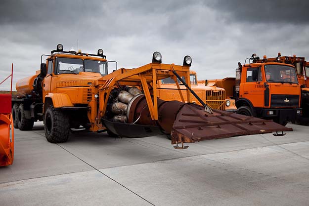 KRAZ truck with a MIG-15 turbojet engine used to clean and blow-dry the runway in winter. Domodedovo airport, Moscow, Russia