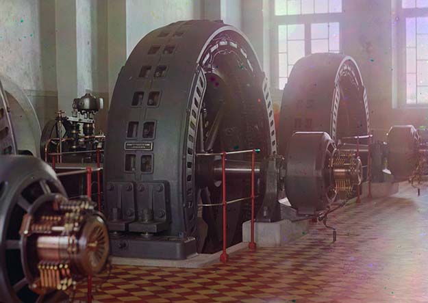 Alternators made in Budapest, Hungary, in the power generating hall of a hydroelectric station in Iolotan (Eloten), Turkmenistan, on the Murghab River, ca. 1910.