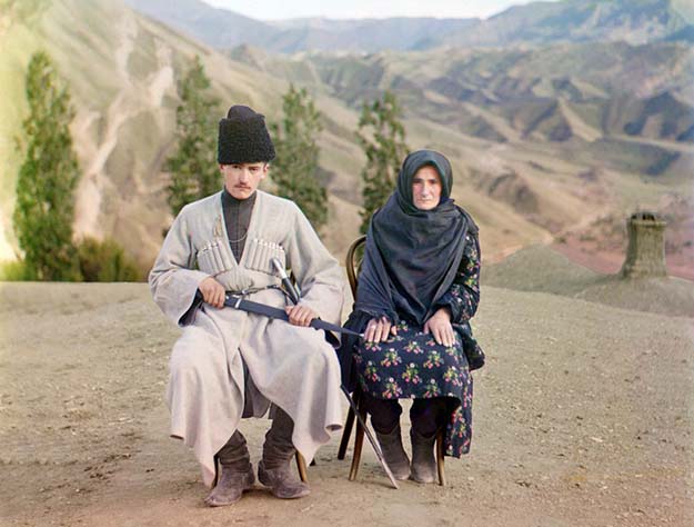 A man and woman pose in Dagestan, ca. 1910