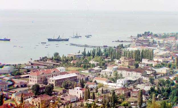 A general view of Sukhumi, Abkhazia and its bay, seen sometime around 1910 from Cherniavskii Mountain