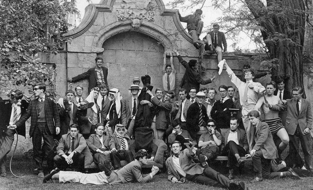 Members of the Oxford University Boat Club pose for a photograph, early 1960s (Stephen Hawking with handkerchief)