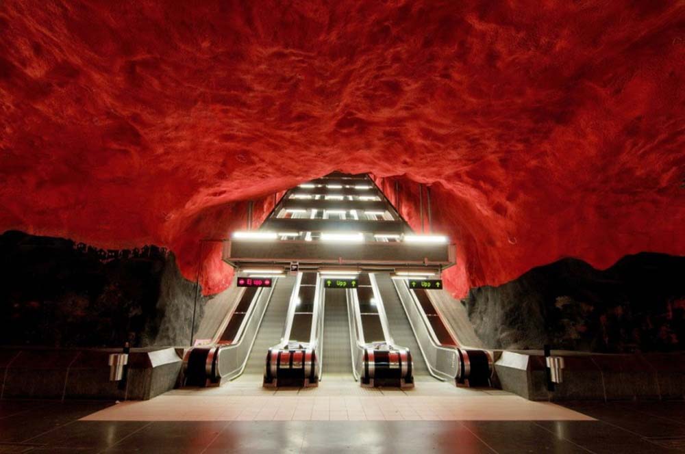 The Solna Centrum subway station in Stockholm looks like the escalator to hell