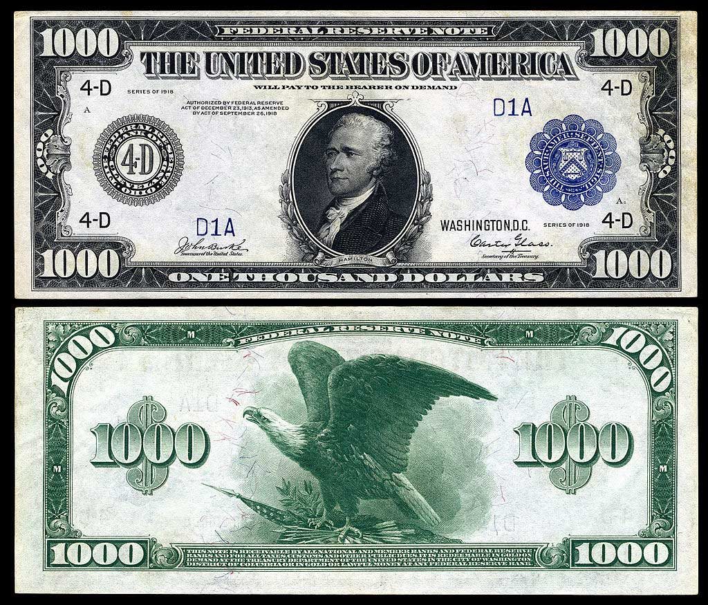 1918 Alexander Hamilton $1000 bill: $8,000