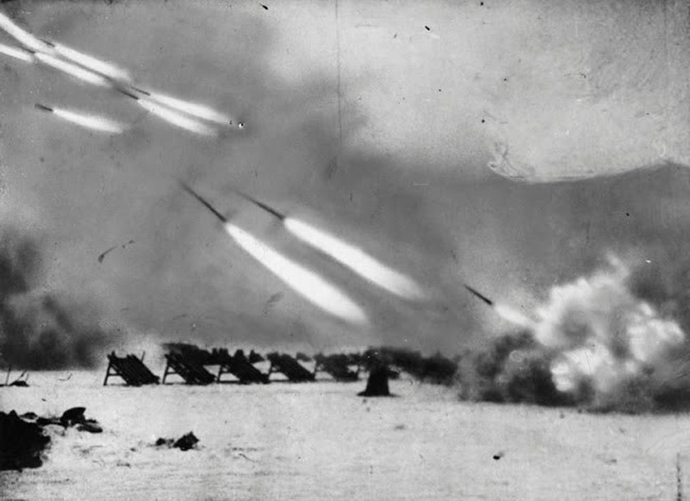 Soviet rockets being fired at German positions during the Battle of Stalingrad